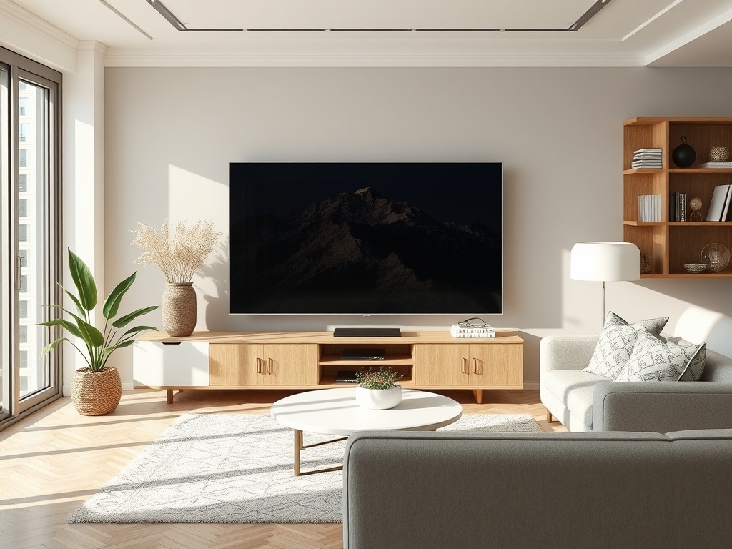 Современный зал с телевизором, подвешенным на стене, мягкой мебелью и большими окнами.