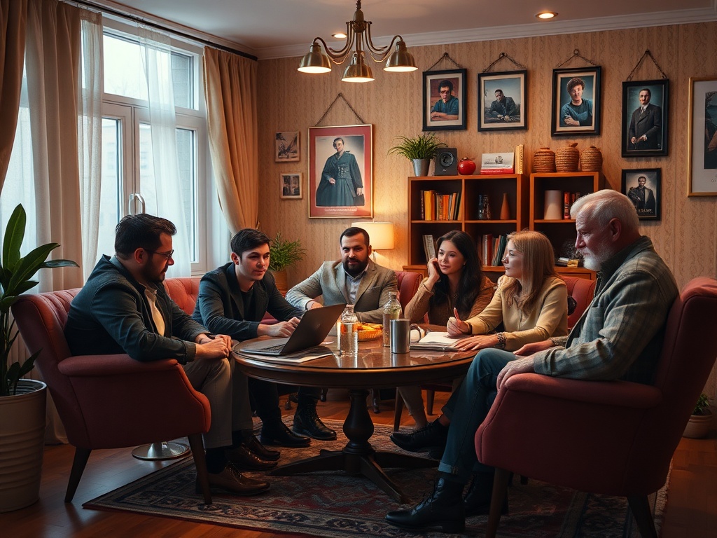 Группа людей обсуждает идеи за круглым столом в уютной комнате с книгами и фотографиями на стенах.