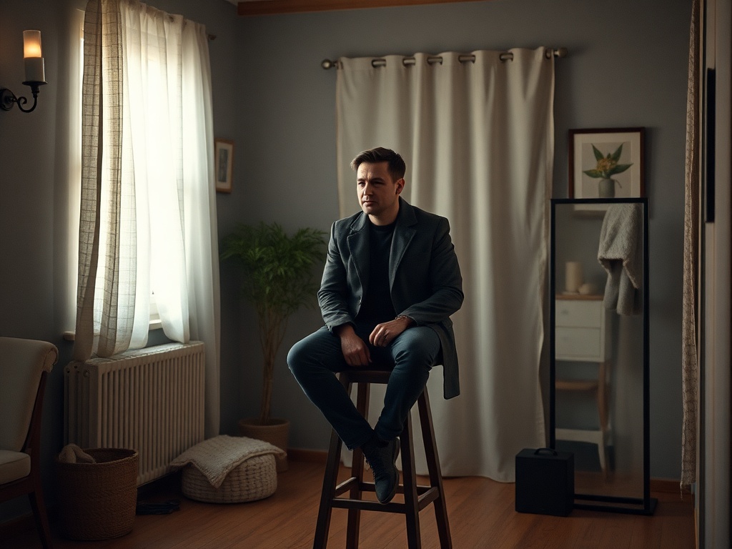 Молодой человек в сером пиджаке坐ит на табурете в уютной комнате с мягким светом и растениями.