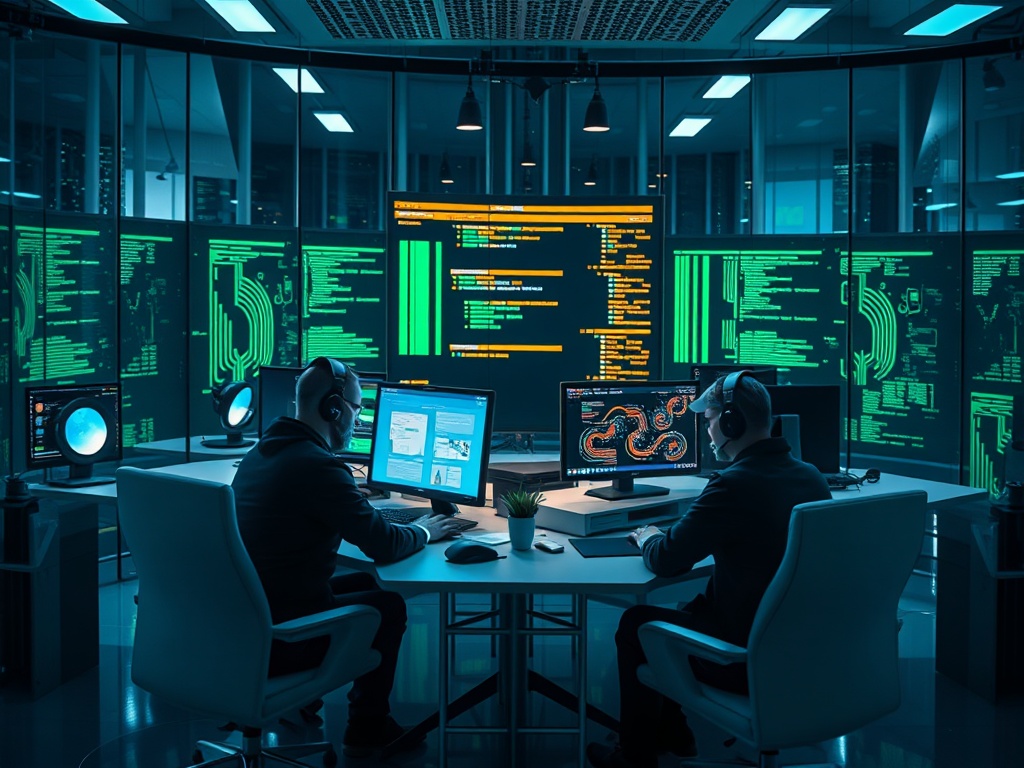 Два человека в наушниках работают за компьютерами в высокотехнологичном офисе с зелеными экранами.