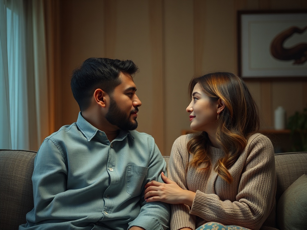 Молодая пара сидит на диване, смотря друг на друга с нежностью и улыбками в уютной обстановке.