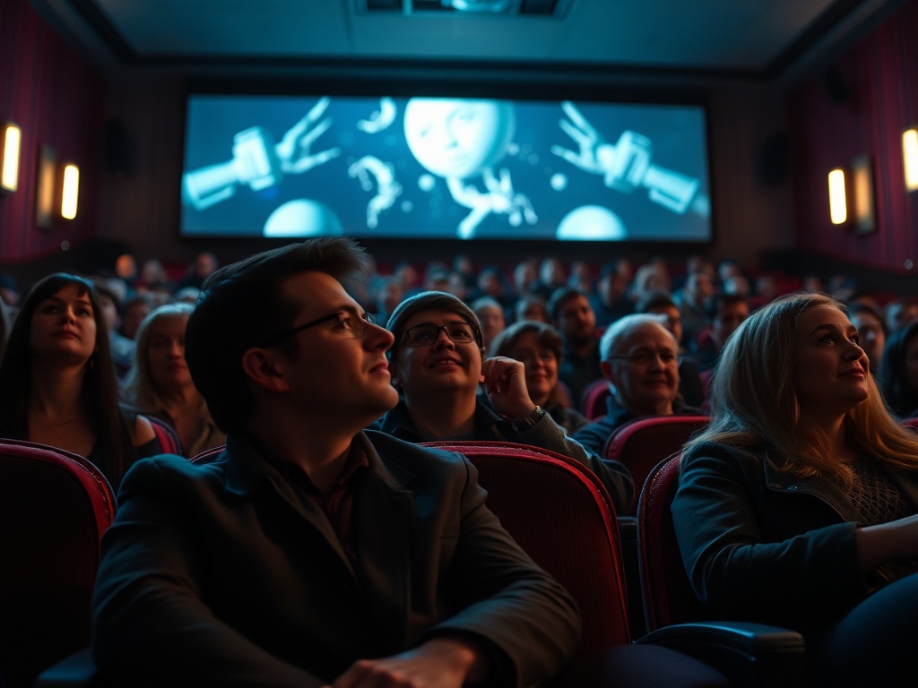 Зрители в кинотеатре, смотрят на экран с анимацией. Атмосфера восторга и ожидания.