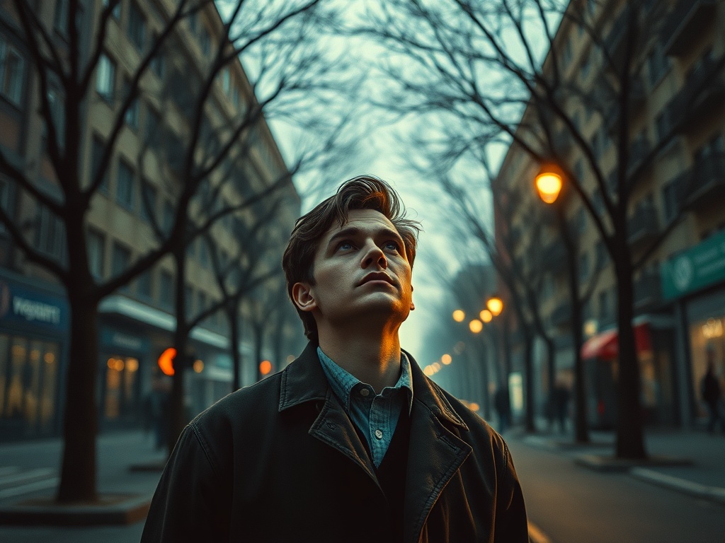 Парень смотрит вверх на улице с деревьями и фонарями в туманной атмосфере.