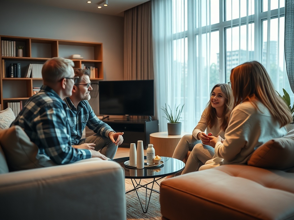 Компания друзей беседует в уютной комнате с мягкой мебелью и большими окнами.