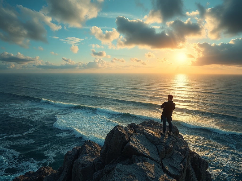 Человек стоит на скале, глядя на море и восходящее солнце, окруженное облаками.
