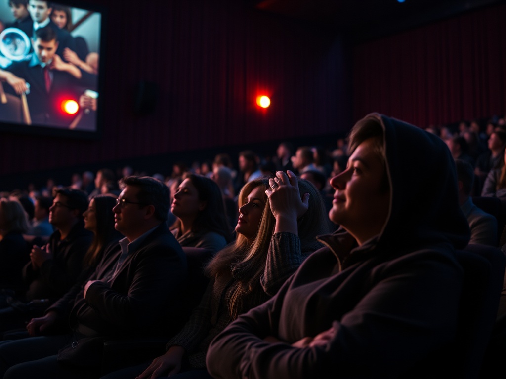 В зале кинотеатра публика смотрит на экран, освещенный мягким светом, создающим атмосферу ожидания.