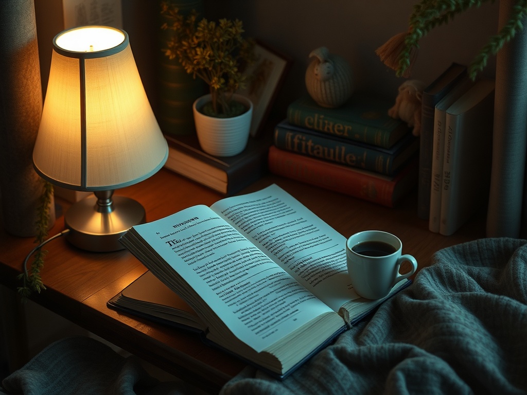 На столе лежит открытая книга, рядом чашка кофе и настольная лампа, создающие уютную атмосферу.