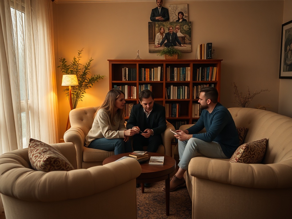 Три человека беседуют в уютной комнате рядом с книжным шкафом и фотографиями на стене.