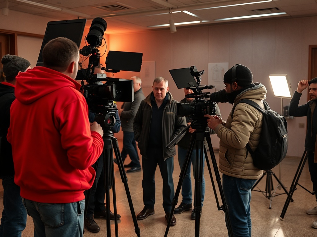 Группа людей с камерами обсуждает съемку в помещении с мягким освещением.