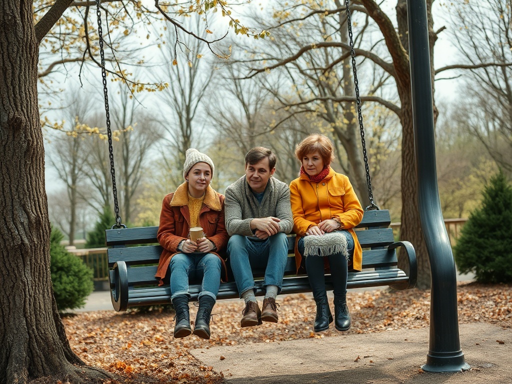 На качелях сидят трое: девушка, молодой человек и женщина, вокруг деревья и осенние листья.