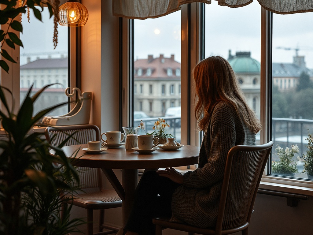 Женщина сидит у окна в уютном кафе, перед ней чашки и цветы, за окном городской пейзаж.