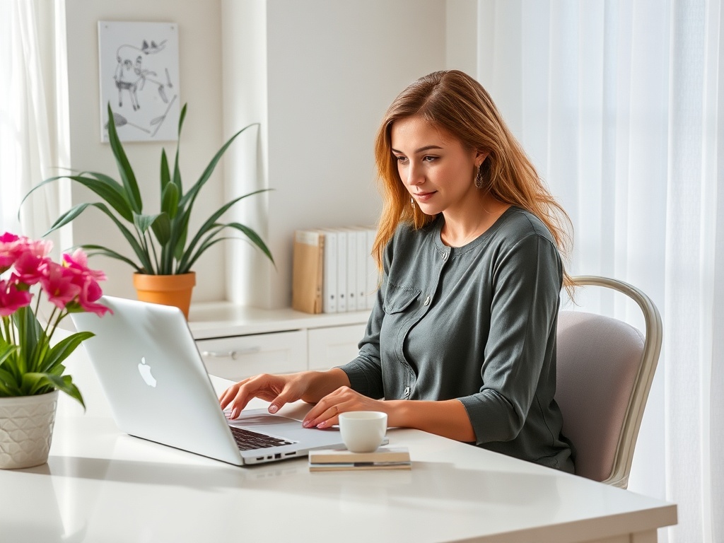 Женщина сидит за столом, работая на ноутбуке, рядом цветы и зеленое растение в горшке. Светлое и уютное пространство.