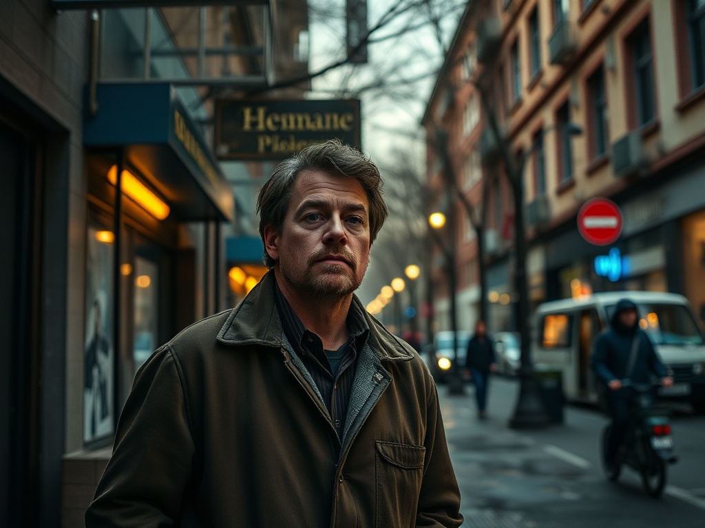 Мужчина в уличной одежде стоит на улице, вокруг него здания и прохожие в вечернем освещении.