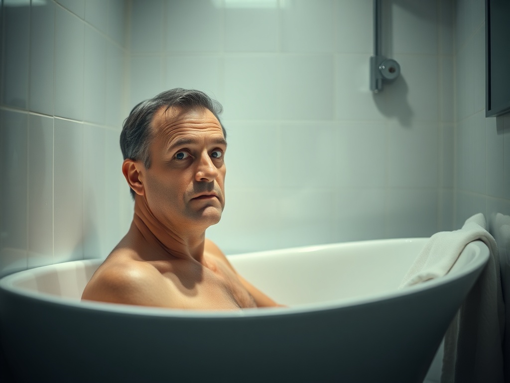 Мужчина сидит в ванне, выглядывает и смотрит с удивлением, обстановка минималистичная и светлая.