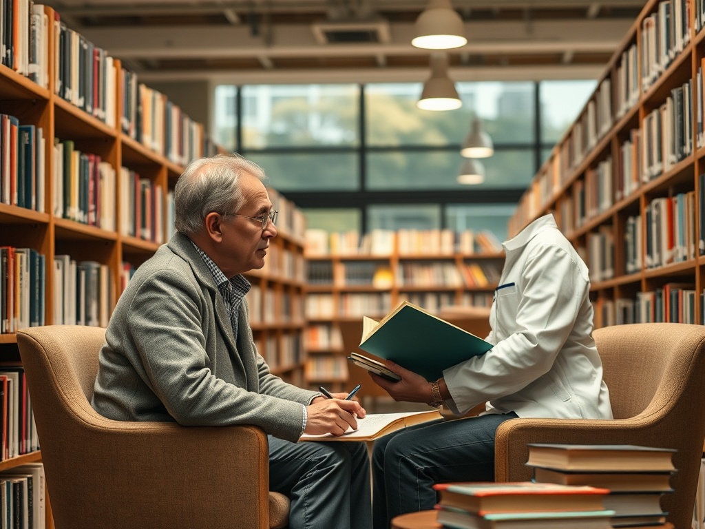 Два человека сидят в библиотеке, обсуждая книги. Полки с книгами заполняют фоновое пространство.