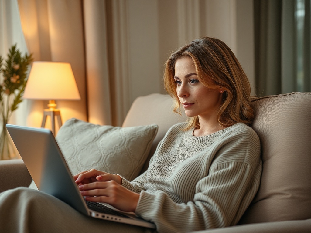 Женщина сидит на диване с ноутбуком, погружённая в работу при мягком свете комнаты.