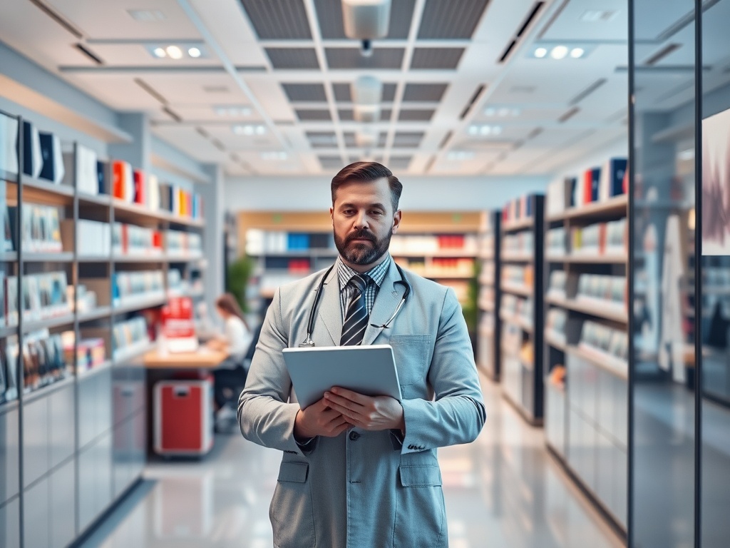 Научный работник в библиотеке с планшетом, среди книг и исследовательских материалов.