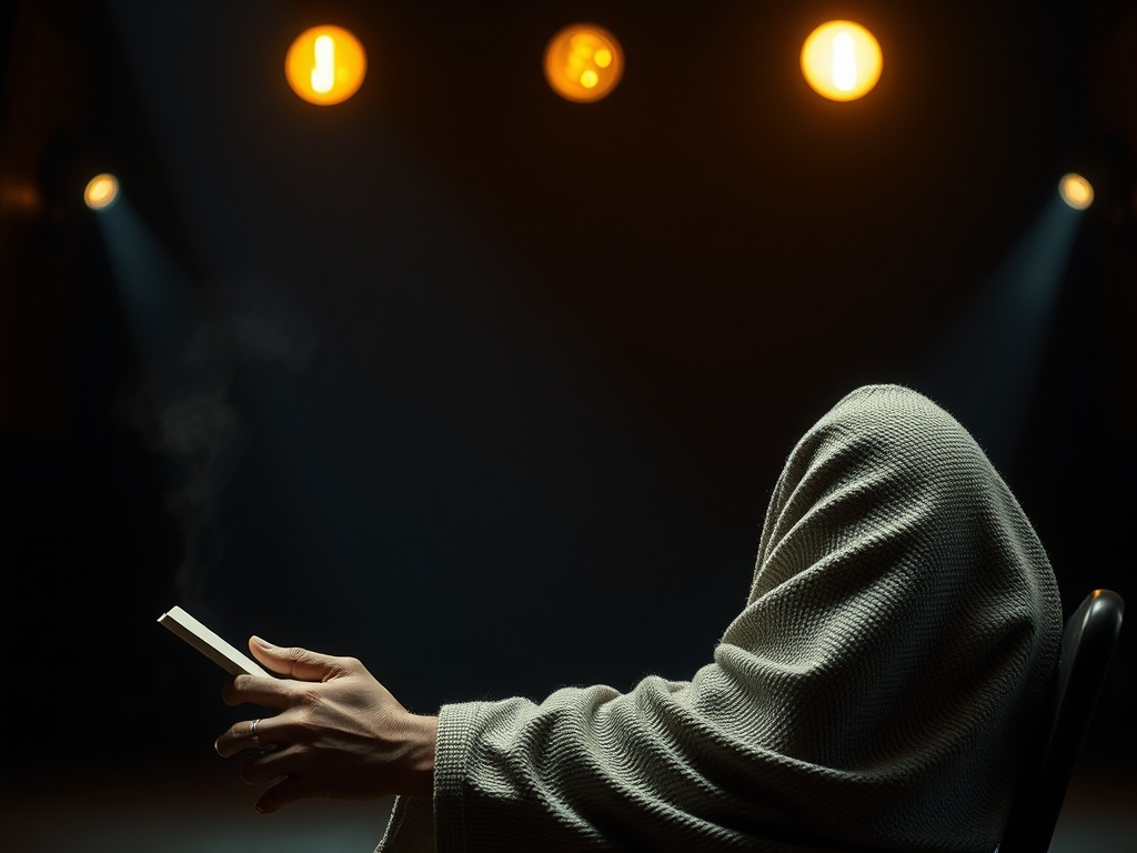 Человек в сером свитере сидит на стуле и читает книгу в мягком свете софитов.