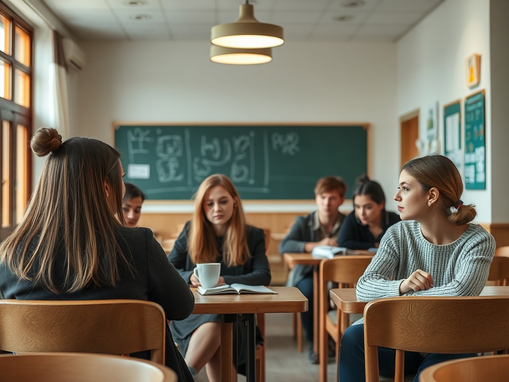 Группа молодых людей обсуждает за столом в классе, на доске написаны заметки.