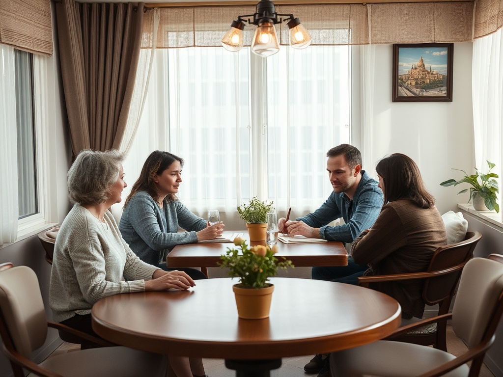 Четыре человека общаются за круглым столом в светлом помещении с растением на столе и картинами на стенах.