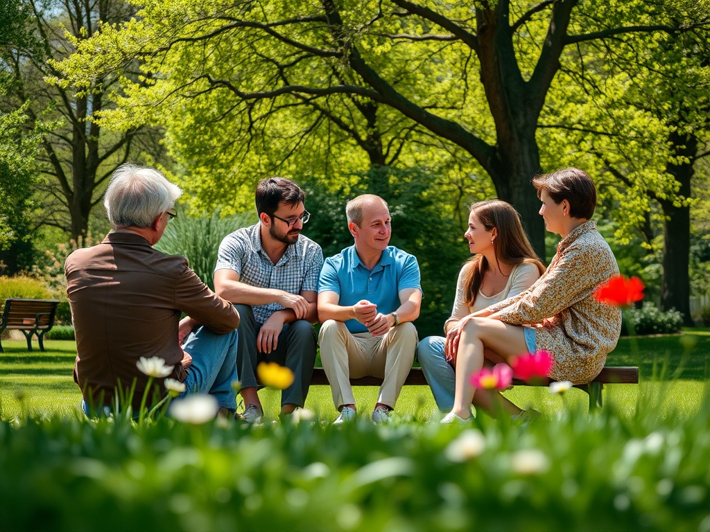 Группа молодых людей общается в парке на скамейке, окружающие зеленые деревья и цветы.