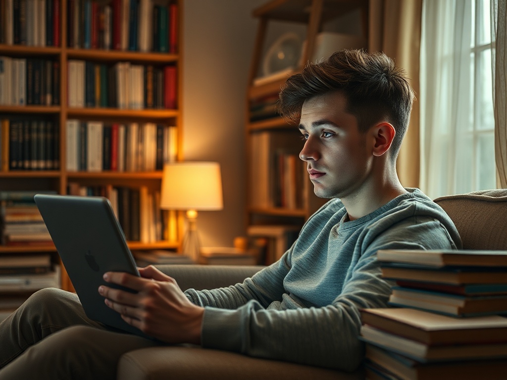 Молодой человек сидит на диване, смотрит на планшет в уютной комнате с книгами и лампой.