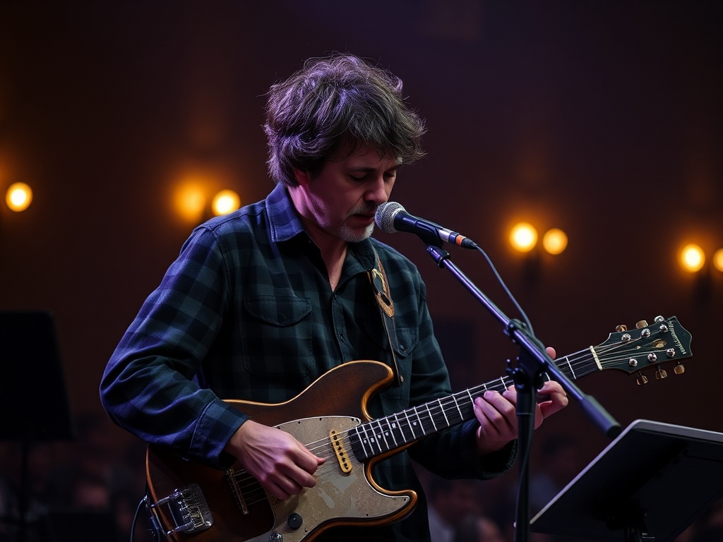 Музыкант с гитарой поет на сцене под мягким светом в зале. Атмосфера музыкального выступления.