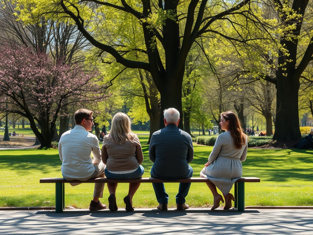 Четыре человека сидят на лавочке в парке, наслаждаясь тёплым солнечным днём и природой вокруг.