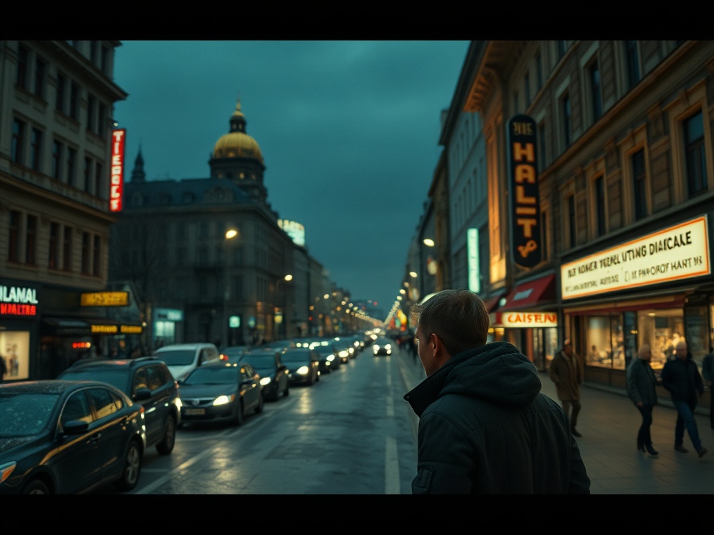 Человек смотрит на городскую улицу с машинами и вывесками в вечернее время, небо затянуто облаками.