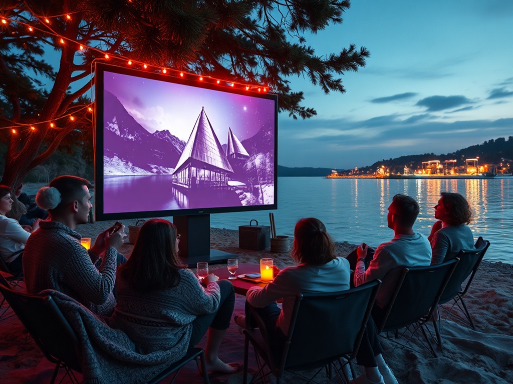 Люди отдыхают на берегу, смотря фильм на большом экране под яркими огнями на фоне вечернего пейзажа.