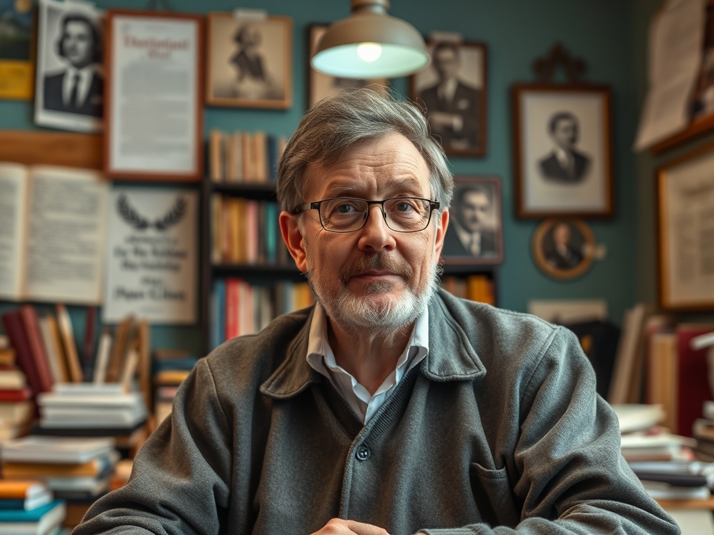 На изображении пожилой мужчина с очками сидит за столом, окружённый книгами и фотографиями на стене.