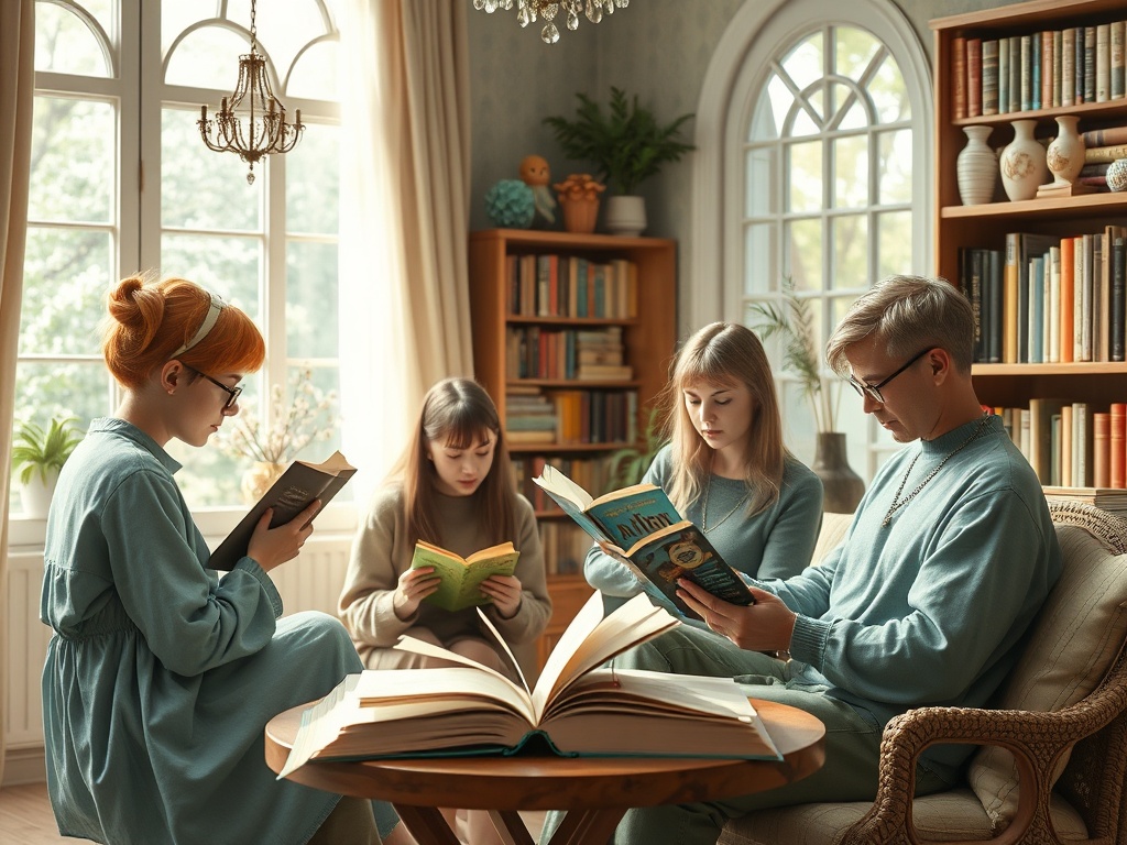 Четыре человека читают книги в уютной комнате с большими окнами и книжными полками.