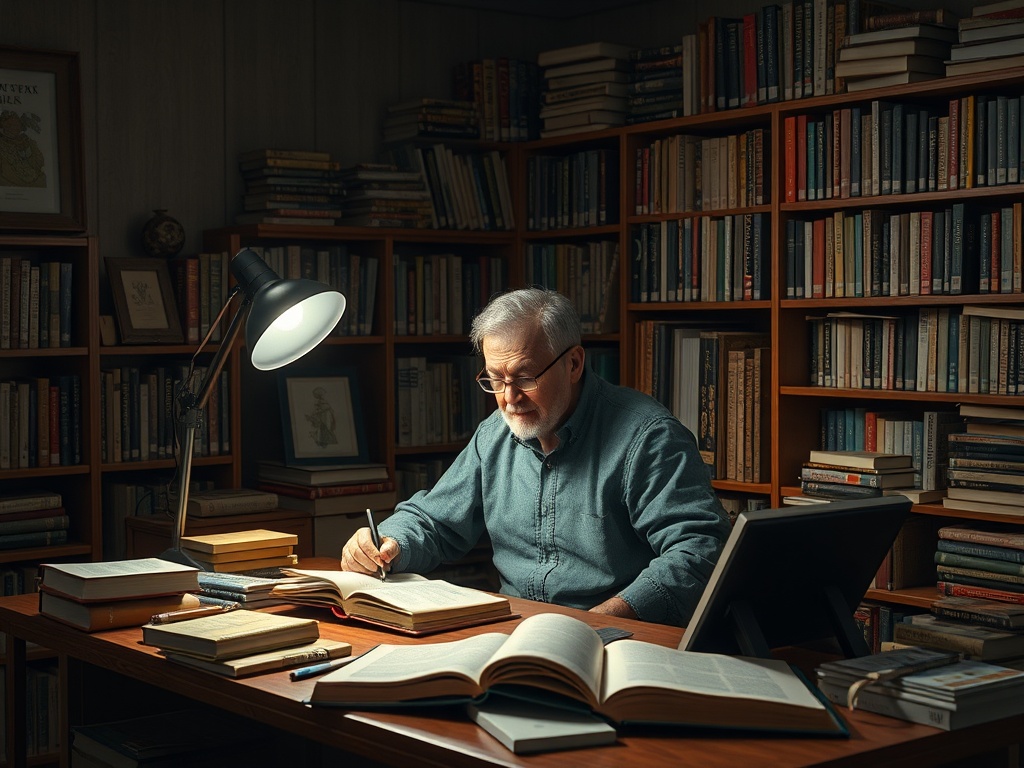 Пожилой мужчина за столом, окружённый книгами, пишет при свете настольной лампы в домашней библиотеке.