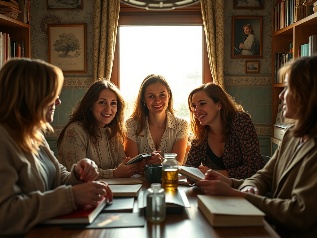 На изображении пять девушек, смеющихся и общающихся за столом в уютной библиотеке.