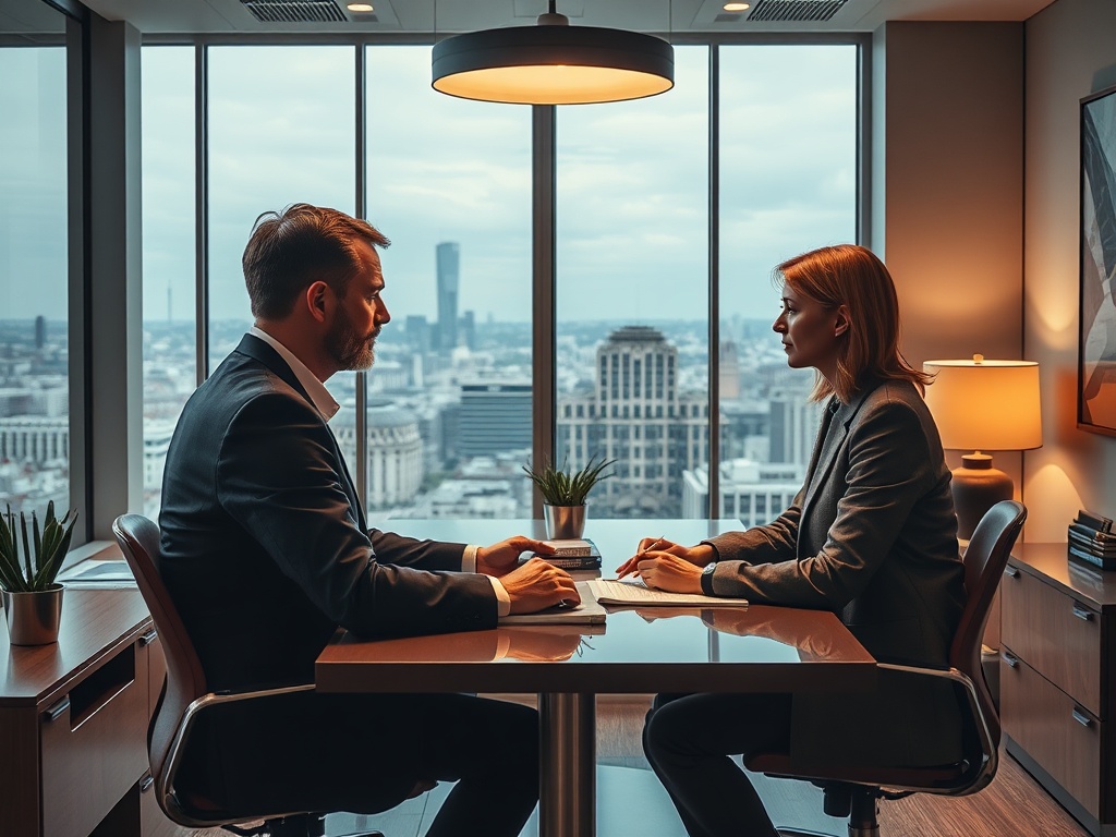 В современном офисе мужчина и женщина обсуждают дела, сидя за столом с видом на город.
