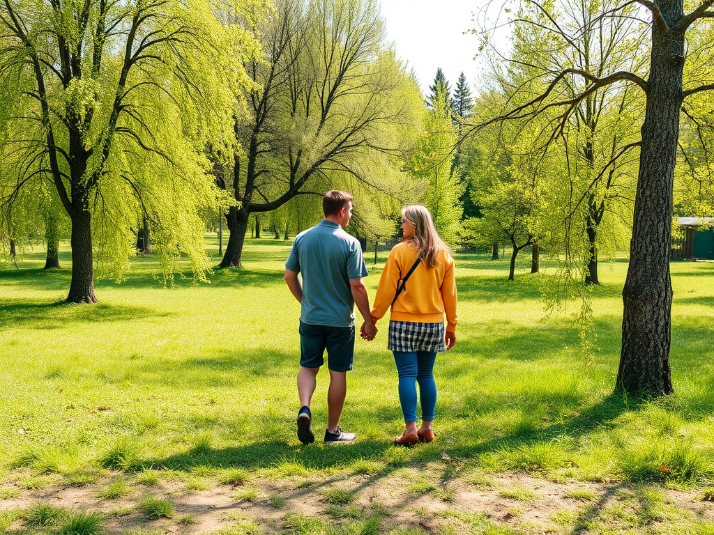 Пара гуляет по зеленому парку, держась за руки, наслаждаясь солнечным днем.