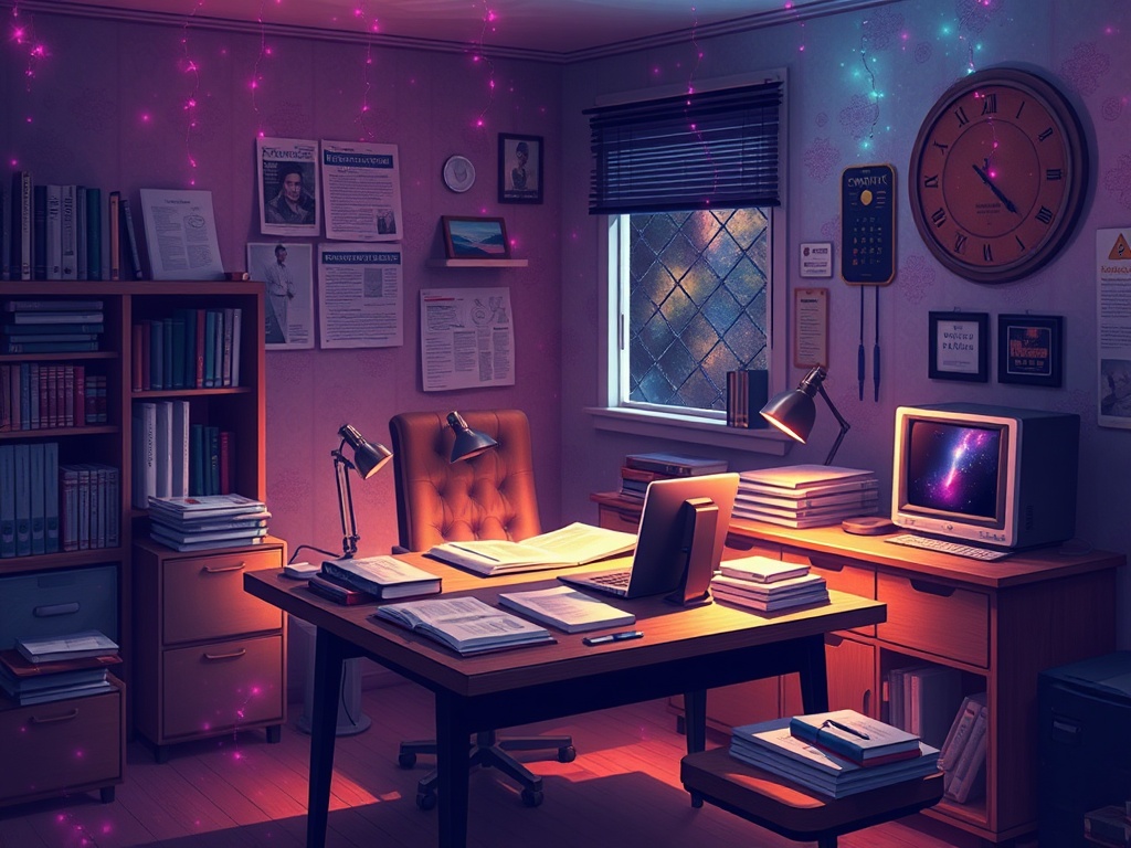 Уютный офис с книгами, лампами и компьютером, украшенный яркими огнями и документами на стене.