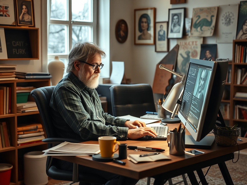 Пожилой мужчина работает за столом в уютном кабинете, окружённом книгами и искусством.