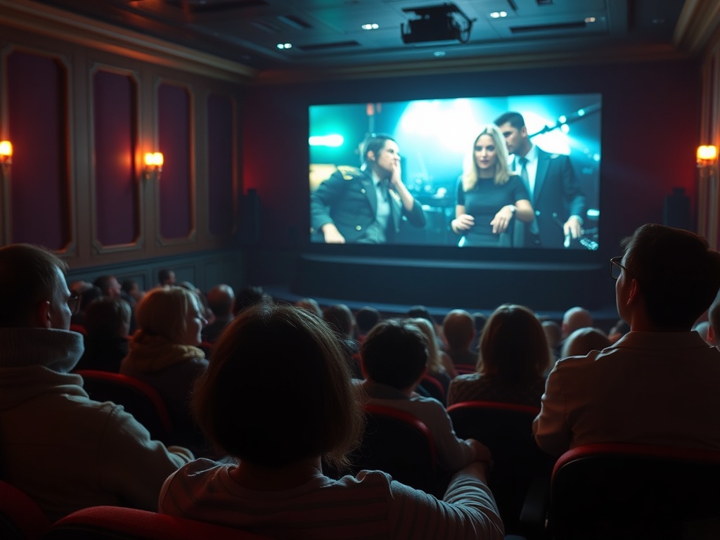 В зале кинотеатра зрители смотрят фильм, экране – сцена с несколькими персонажами. Атмосфера увлекательная.