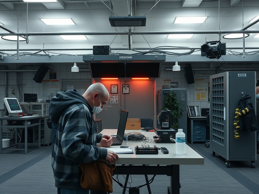 Мужчина в маске в лаборатории с компьютерами и высокотехнологичным оборудованием. Вокруг проведены провода.