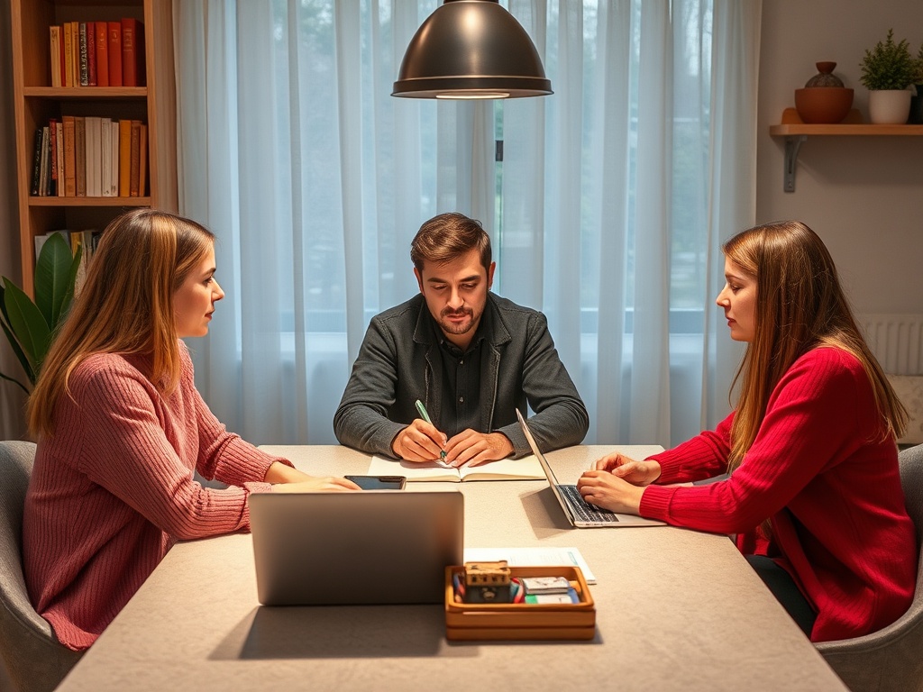 Три человека обсуждают идеи за столом, с ноутбуком и блокнотом перед ними в уютной обстановке.