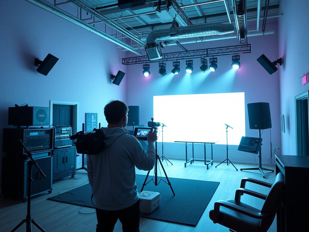 В комнате с розовыми стенами оператор снимает на камеру, освещенную синими и белыми огнями.