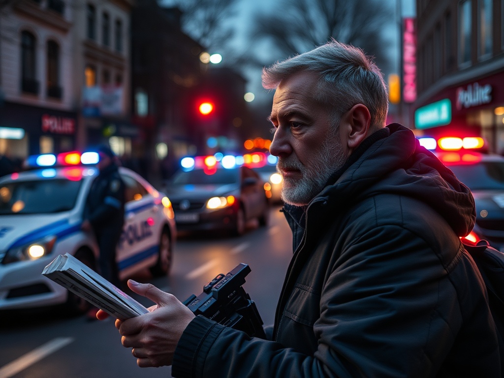 На улице с включенными мигающими огнями полиции стоит человек с газетой и камерой в руке.