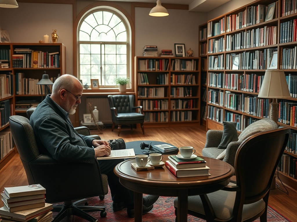 На фото мужчина с очками пишет в уютной библиотеке, окруженный книгами и чашками чая.