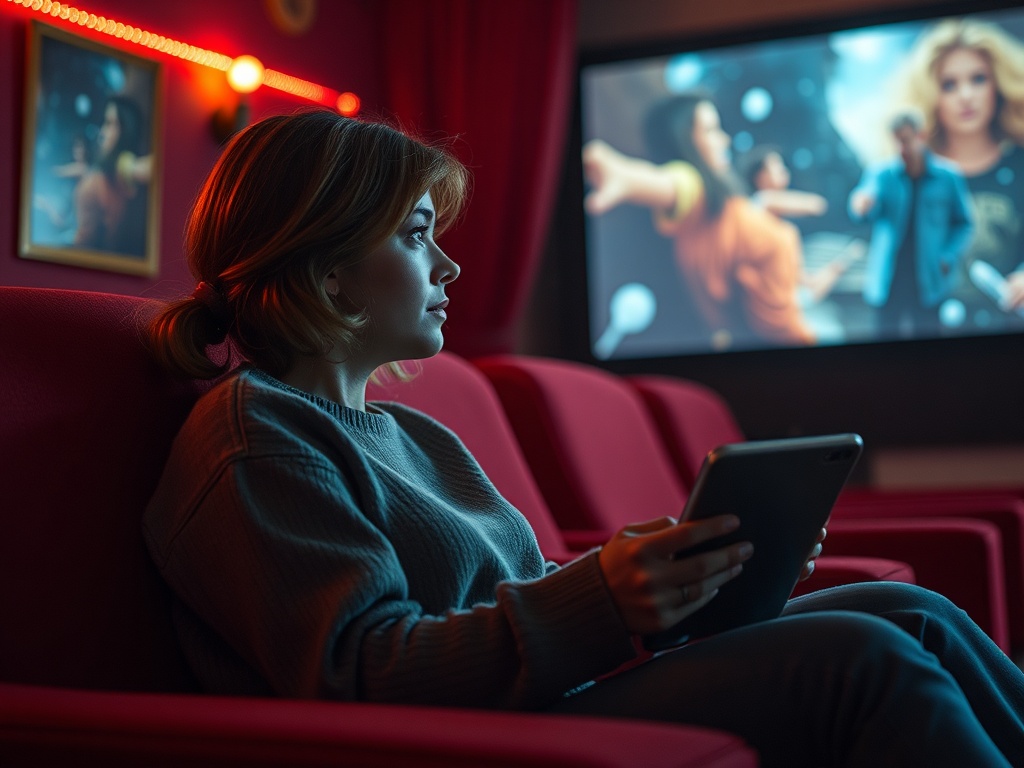 Молодая женщина сидит на диване с планшетом, смотрит на экран с фильмом в уютном темном помещении.