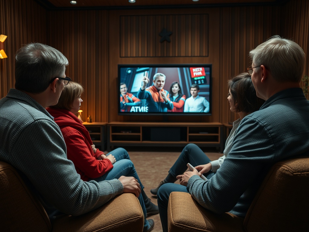 Группа людей смотрит телевизор в уютной комнате, на экране показана сцена из сериала.