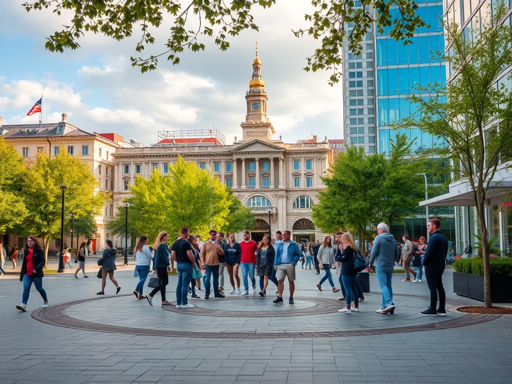 На площади группа людей общается на фоне зданий и деревьев, под голубым небом с легкими облаками.