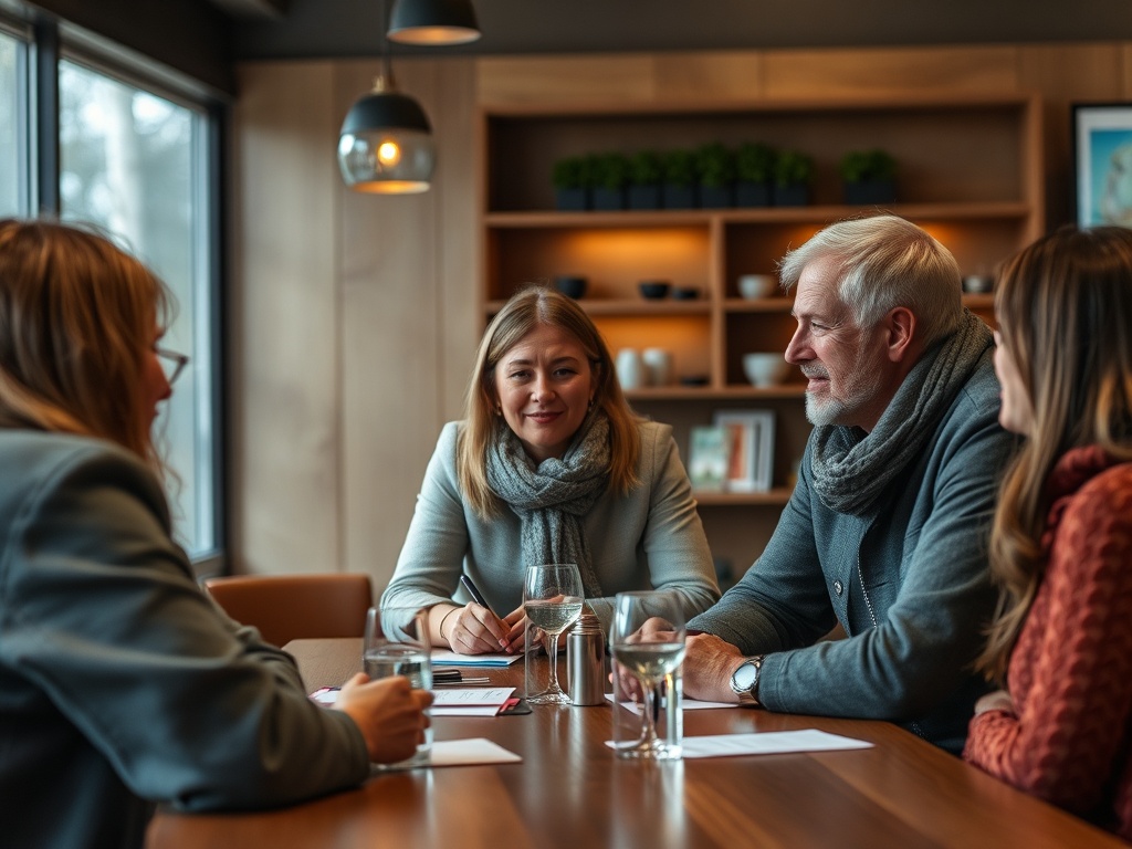 На встрече обсуждаются идеи, собрались четыре человека, стоят стаканы с водой и заметки на столе.