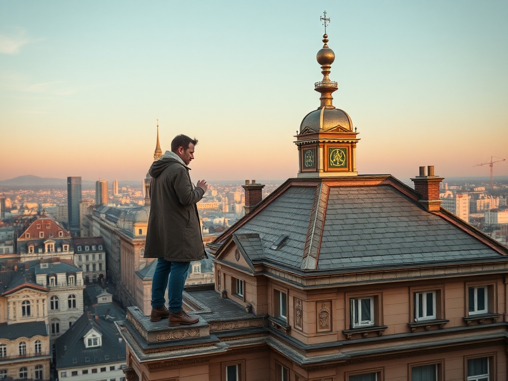 Мужчина стоит на крыше здания с красивым горизонтом города на фоне заката.