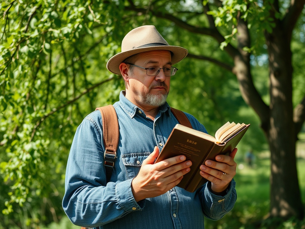 Мужчина в шляпе читает книгу на фоне зелёного парка. Солнечный день, спокойная атмосфера.